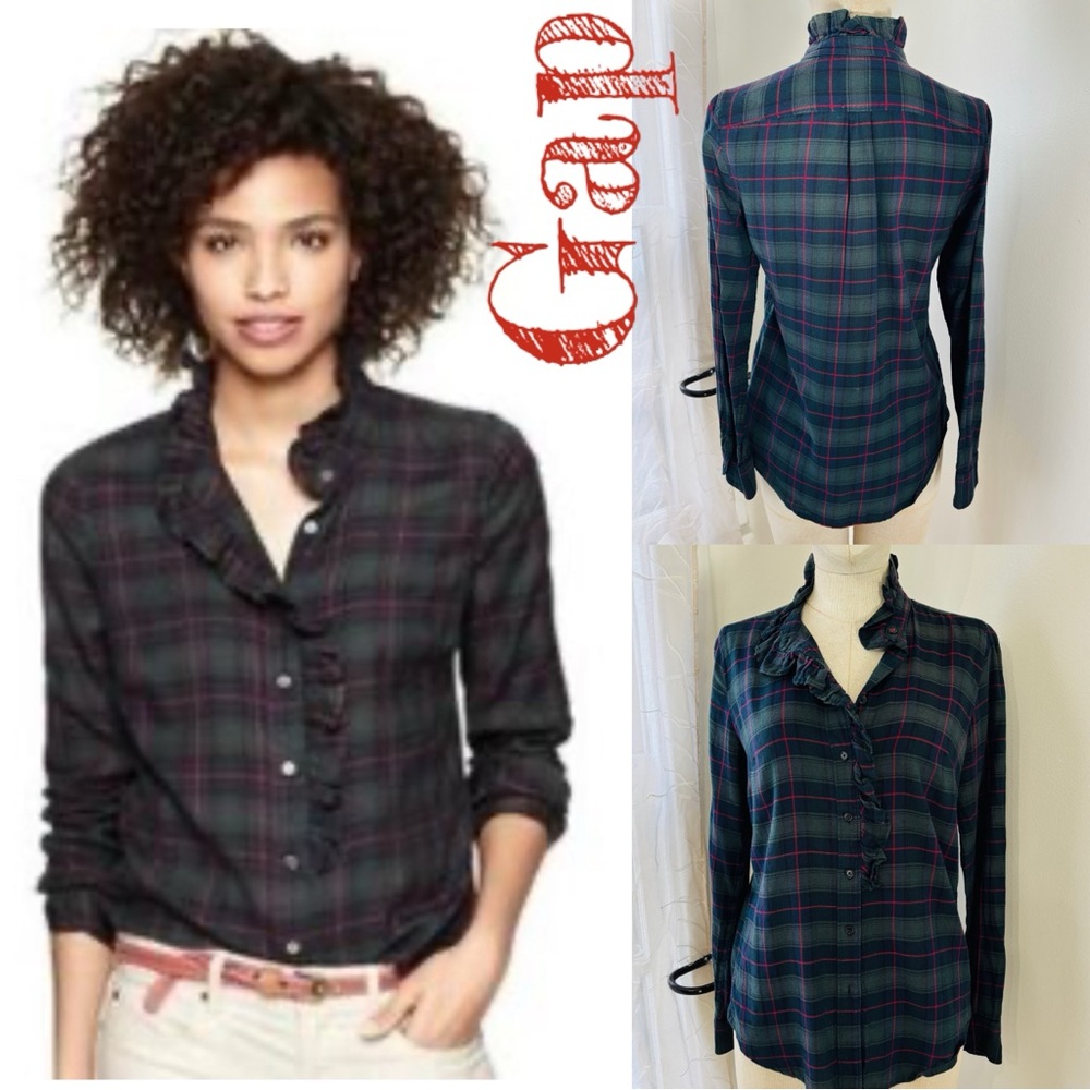 GAP Women's Button Down Shirt with a ruffle detail at the neckline.